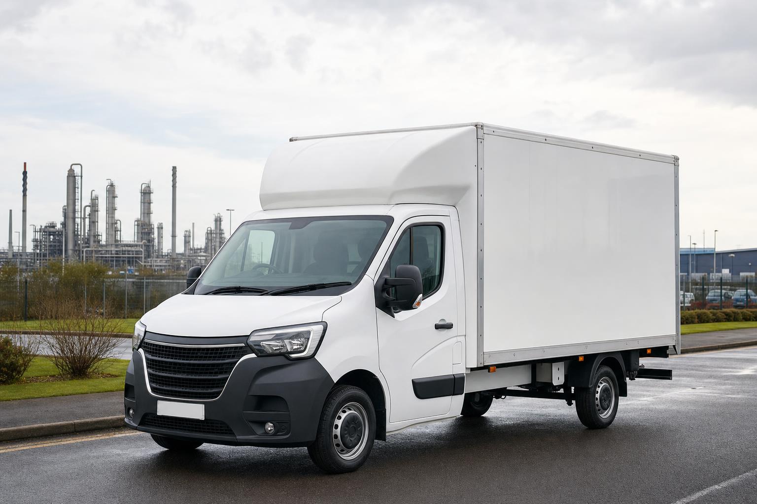 White Luton box van in a tidy industrial area near Grangemouth