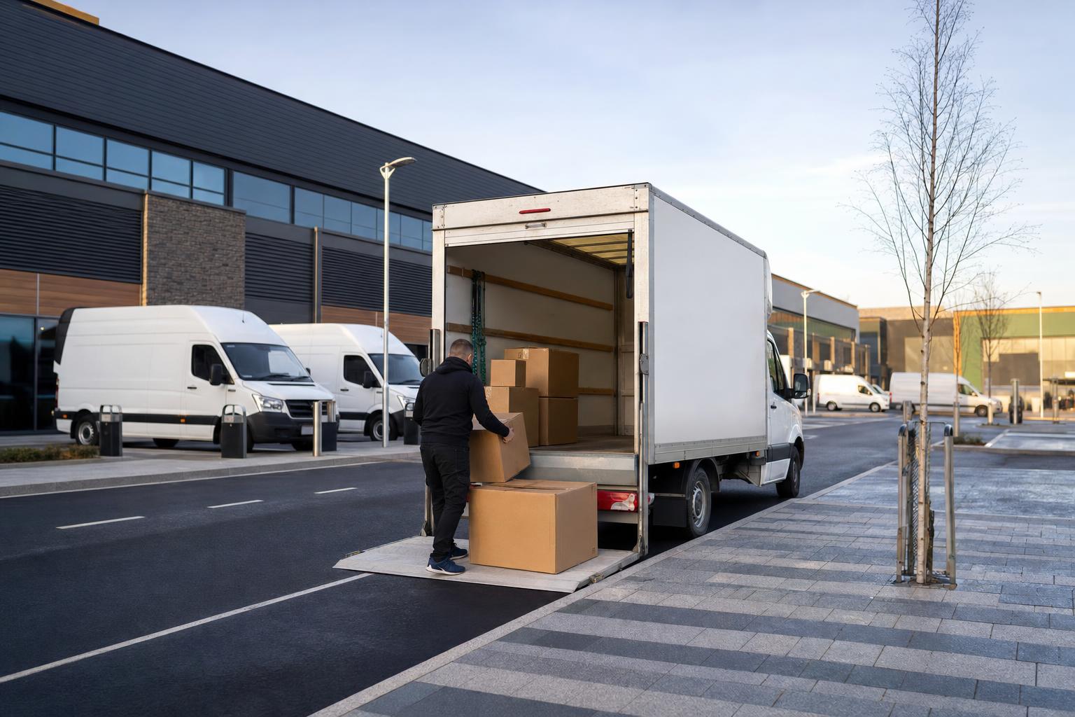 Luton hire van being loaded with boxes at a retail park style pickup area in Cumbernauld