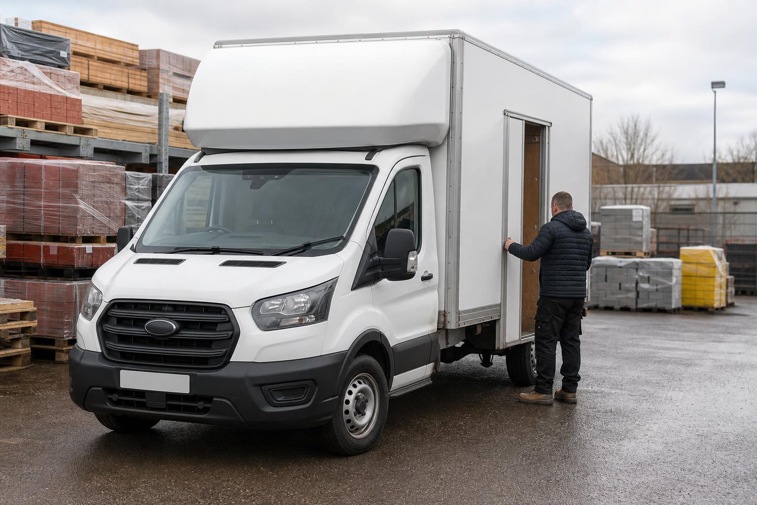 White Luton hire van in a tidy trade yard setting in Airdrie