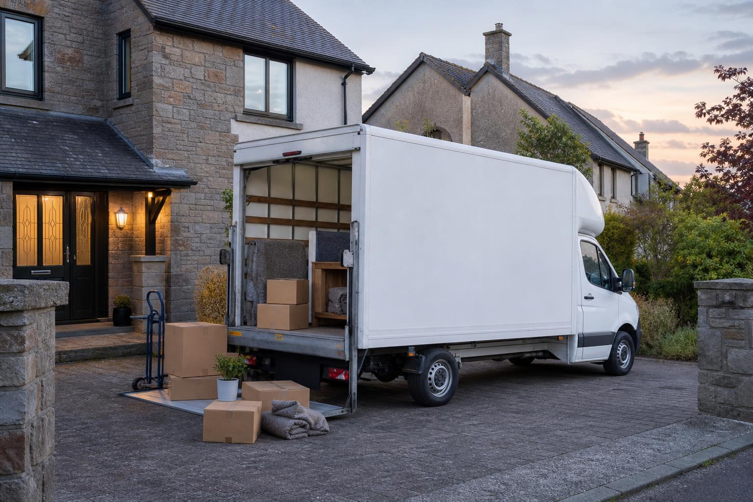 White Luton box van outside a suburban home during a move in Stirling